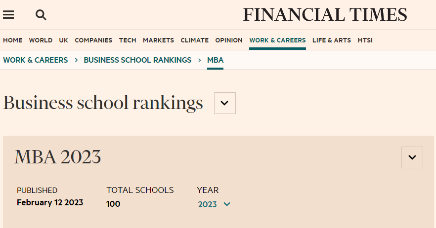 2023年《金融时报》全球mba排名